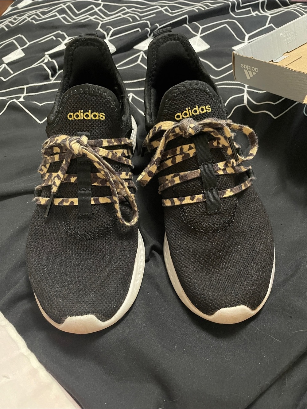 adidas Ladies Black Sneakers with Tan Leopard Laces